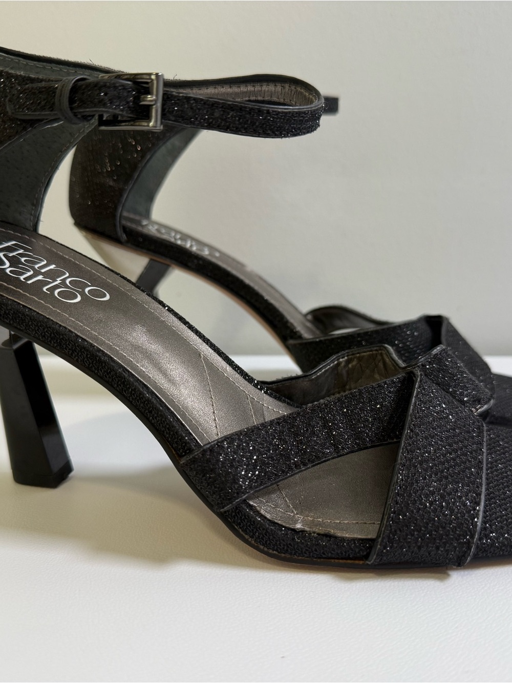 Franco Sarto Rania Black Glitter Square Toe Sculptural Heel Sandals Womens 8M